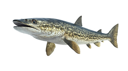A solitary barracuda glides effortlessly, showcasing its sleek, silver form with a captivating display of aquatic life. Capture the beauty of the ocean's apex predator.