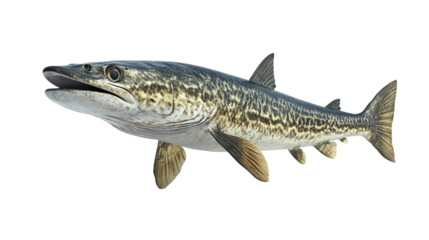 A solitary barracuda glides effortlessly, showcasing its sleek, silver form with a captivating display of aquatic life. Capture the beauty of the ocean's apex predator.