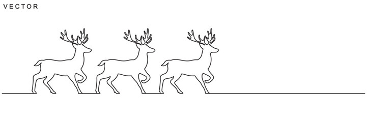 Continuous one line drawing, Winter Christmas holiday snowflake, deer, christmas tree decoration, Vector illustration on a white background