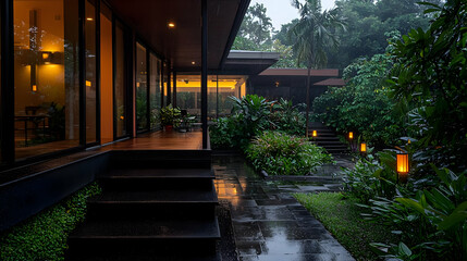 Obraz premium Rainy Night Patio Of Modern House