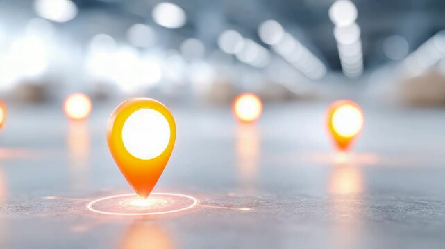 Illustration of warehouse layout map with digital tracking nodes and inventory flows. - Powered by Adobe