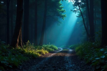 Obraz premium A powerful flashlight beam cuts through the darkness, illuminating a mysterious path ahead Perfect for adventure, exploration, and safety themes , hiking, forest, journey