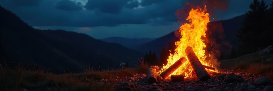A roaring bonfire at night, fueled by donated goods, casting a warm glow against the dark sky  Perfect for illustrating charity, giving, and community events ,  goodwill,  offering