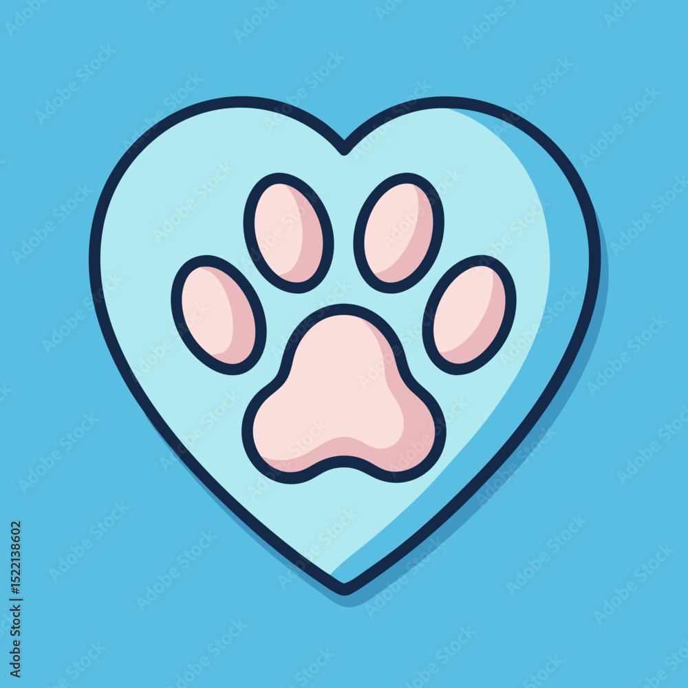 Poster heart shape with a paw print inside on a blue background