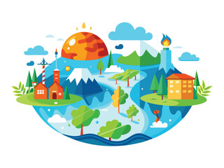 Obraz premium Stylized earth illustration with houses and mountains isolated on white background 