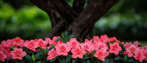 Fototapeta premium Beautiful Azalea Flowers Blossoming Under Tree Branches in a Serene Garden Setting