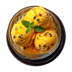 Three scoops of passion fruit ice cream in bowl
