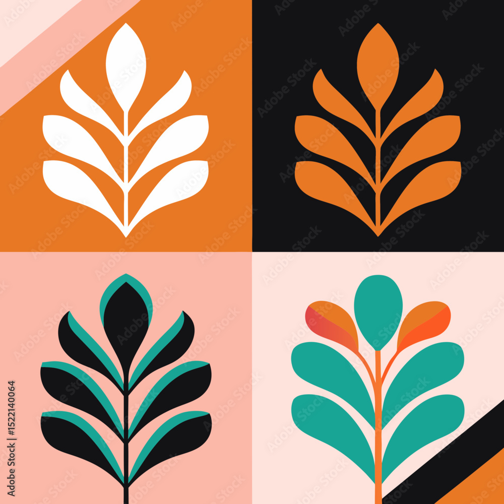 Poster four quadrants with abstract leaf design in different colors