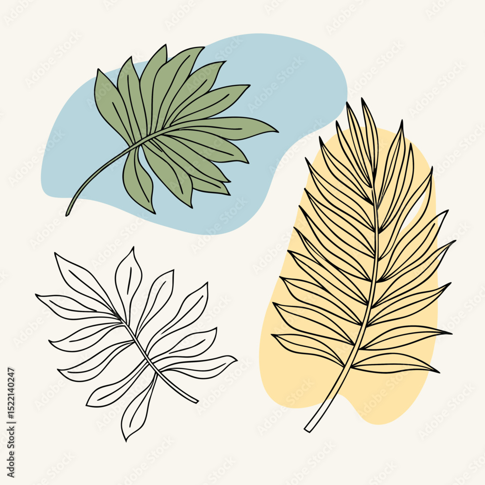 Poster illustration of three leaves with abstract color blobs