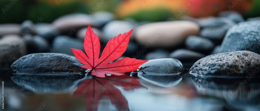 Poster red maple leaf on smooth stones in a tranquil reflection pond setting in autumn colors