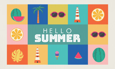 Vibrant Summer Collage. Horizontal summer banner with bold, colorful icons like fruit, palm, lighthouse, and shades. A playful geometric layout conveys fun, vacation, and tropical vibes.