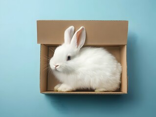 Obraz premium fluffy white bunny inside a box with blank exterior, ideal for product packaging mockup, studio shot 