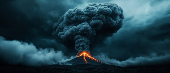 Eruption of Volcano Under Dark Stormy Sky with Ash and Lava Flowing Vividly in Horizon