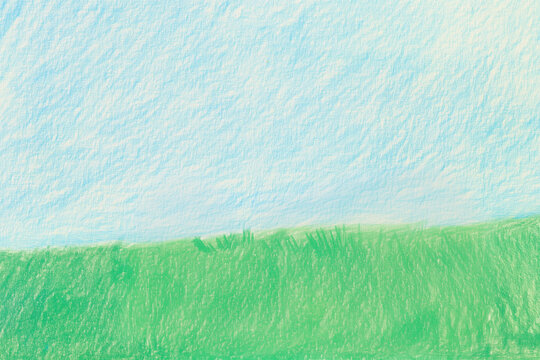 Green lawn and blue sky childish crayon drawing. Bright template background.