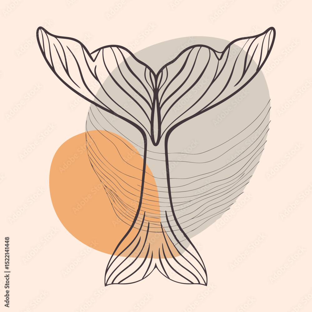 Poster whale tail line art with abstract shapes in the background