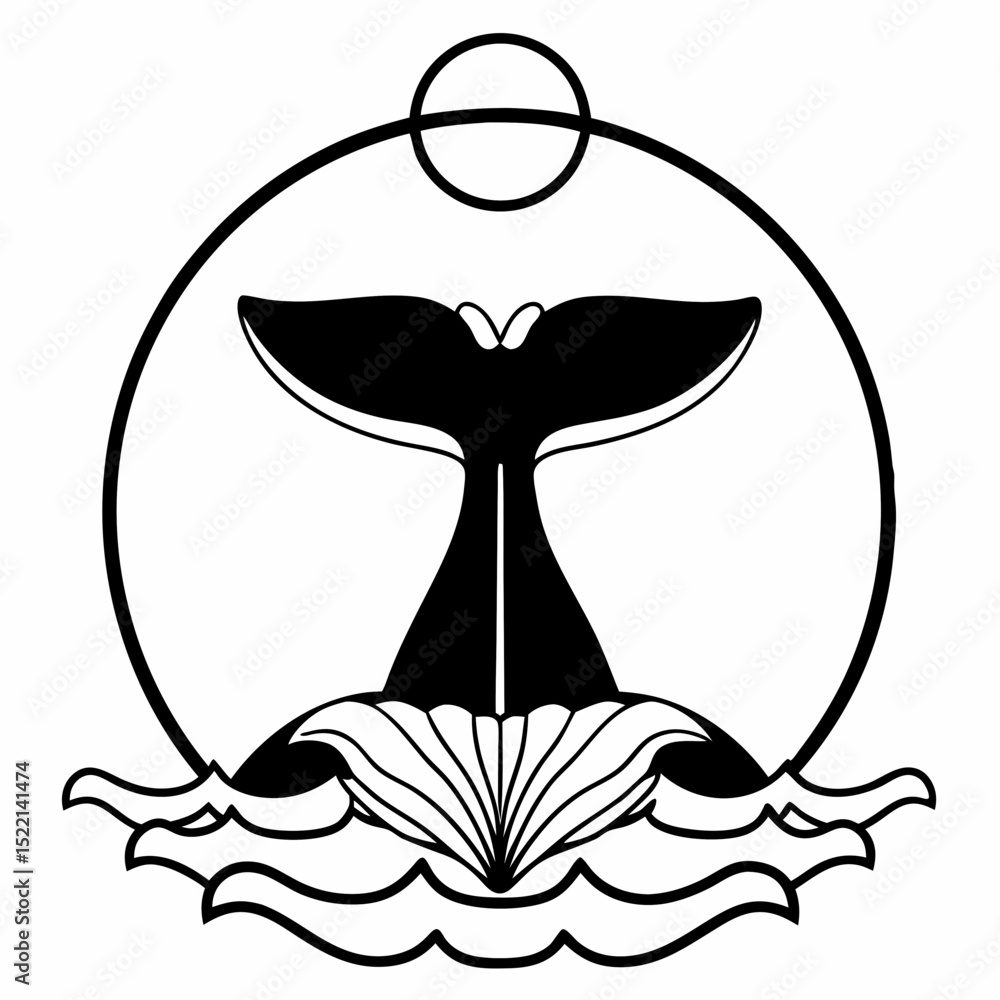 Poster whale tail above waves in a circle with a smaller circle