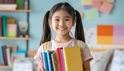 A young girl smiles while holding a stack of colorful books.