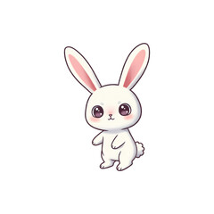 Fototapeta premium White cartoon bunny standing upright with pink inner ears and large sparkling eyes, looking adorable.