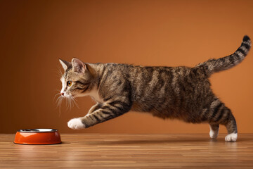 a cute cat with food bowl on isolated background.