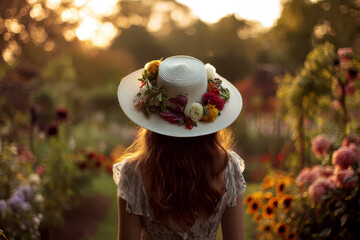 Woman in straw hat walks amidst blooming flowers, wearing a backpack.