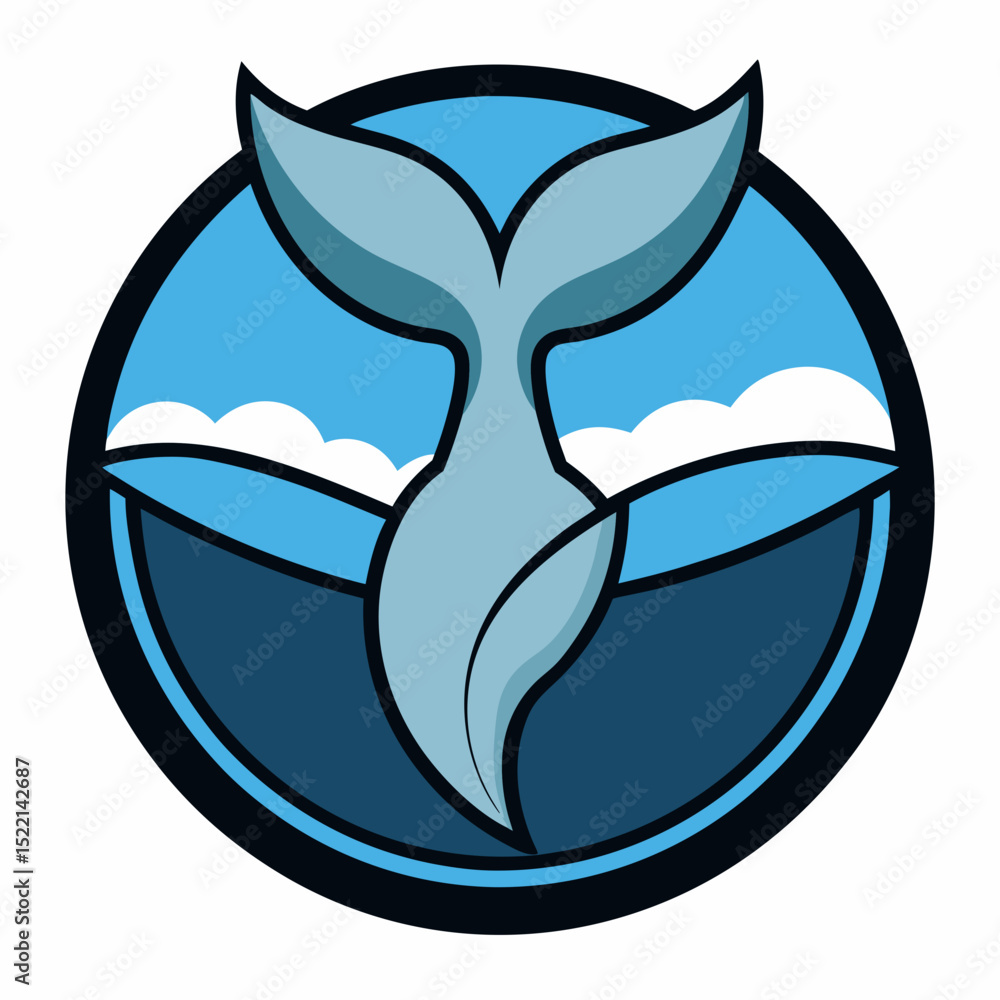 Poster whale tail in a circle with ocean and clouds background