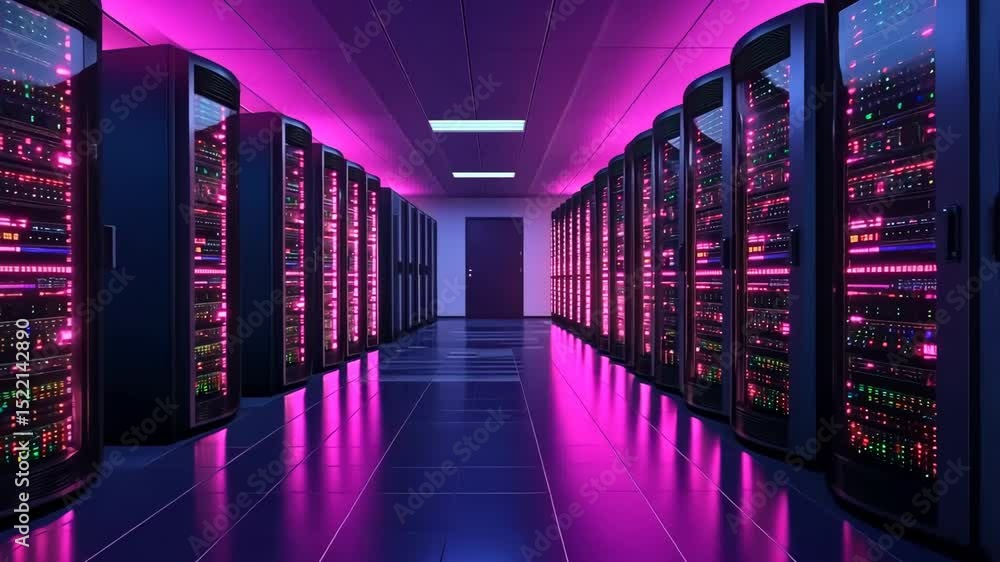 Poster futuristic data center with neon lighting and server racks in cyber theme