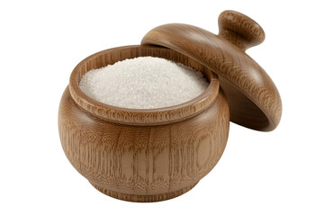Wooden sugar bowl with lid open full of white sugar granules food ingredient kitchenware tableware container 100 characters