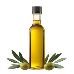A close-up, studio-lit shot of a pristine olive oil bottle with olives and fresh olive leaves. The olive oil exudes an amber hue, presenting the freshness of the harvest.