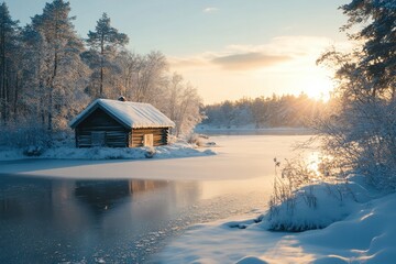 Winter sunset by a snow covered cabin beside a frozen river in a serene landscape, Snow covered cabin by frozen river at winter sunset Nature concept