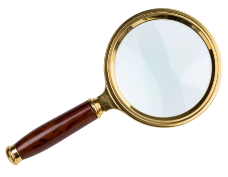 Vintage Brass Magnifying Glass with Wooden Handle, angled view, isolated on transparent background