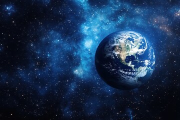 Fototapeta premium View of Earth from space against a backdrop of stars in the night sky, PHOTO earth from space view background on night sky