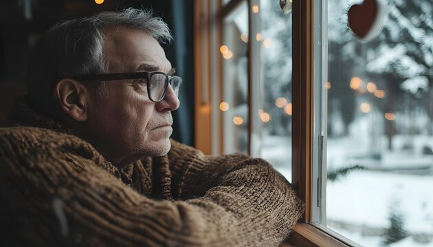 A pensive senior man gazes out a window on a snowy day.