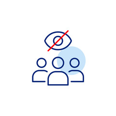 Vector icon of group of people with crossed-out eye, symbolizing hidden community, private group, or restricted visibility. Ideal for social apps, privacy settings, and collaboration platforms
