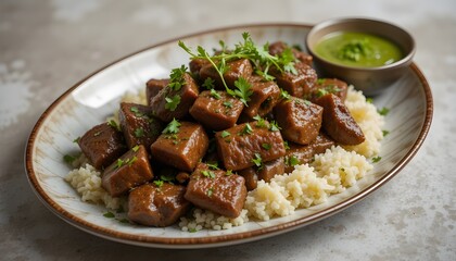 Grilled beef steak cubes with rice pilaf and green herb sauce on white plate - cooked meat dish restaurant meal gourmet dinner culinary food presentation concept