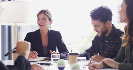 Collaboration, group and colleagues in boardroom, smile and discussion for investment and...