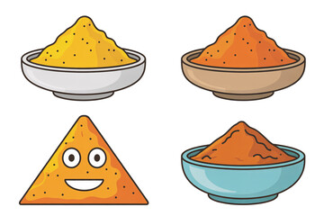 Illustration of cartoon bowls with spices and a smiling tortilla chip for food blog and recipe website