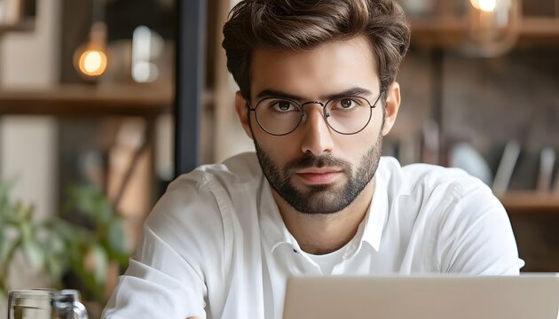 Serious man wearing glasses in a cafe setting.