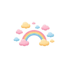 A soft pastel rainbow illustration with smaller clouds, adding a whimsical touch.