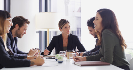 Collaboration, management and meeting with broker team in boardroom for discussion or planning. Conversation, investment and strategy with business people in office together for portfolio growth