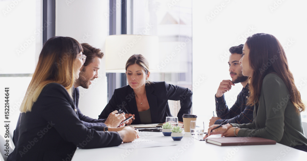 Poster collaboration, meeting and problem solving with business people in boardroom together for discussion