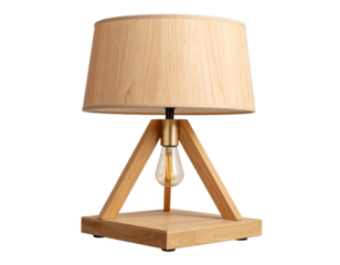 Wooden Table Lamp with Geometric Design and Edison Bulb, front angle, isolated on transparent background