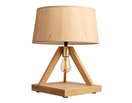 Wooden Table Lamp with Geometric Design and Edison Bulb, front angle, isolated on transparent background - Powered by Adobe