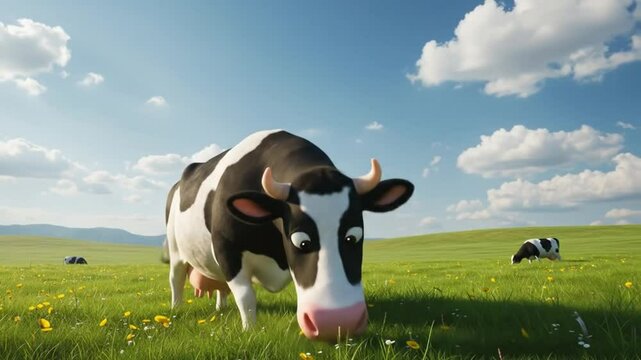 Happy Cow in a Green Pasture: A cheerful cartoon cow grazes contentedly in a vibrant green pasture under a bright sunny sky dotted with fluffy white clouds. 