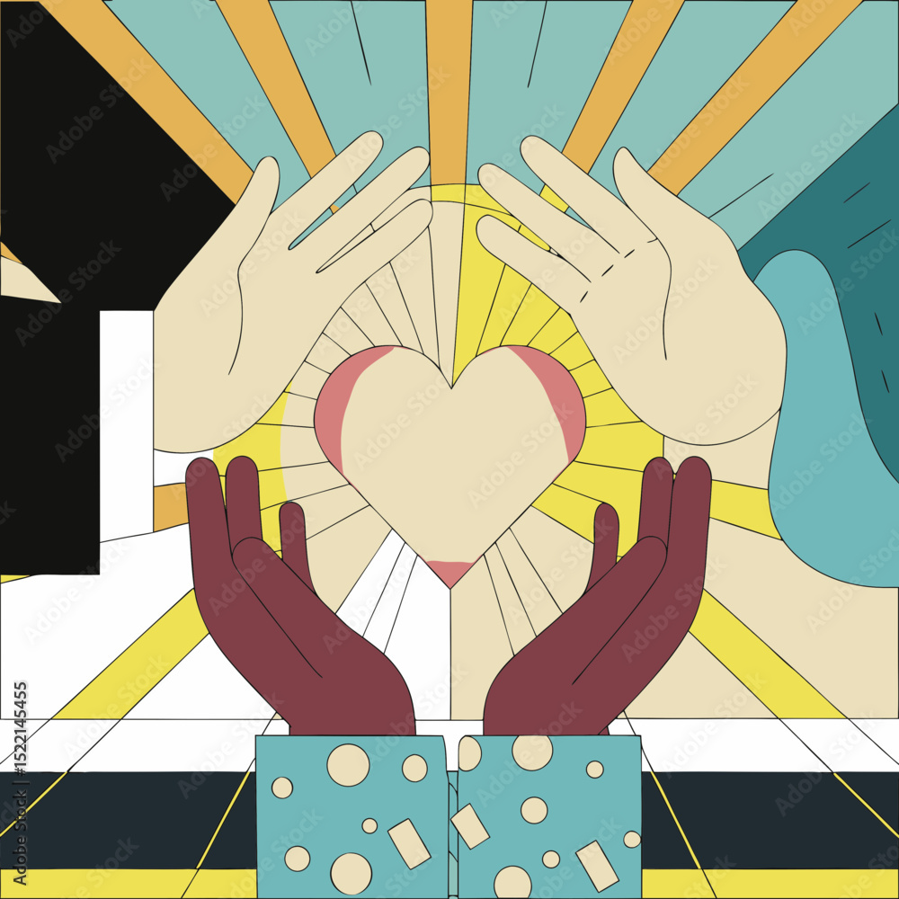 Poster hands surrounding a heart shape with sun rays behind it