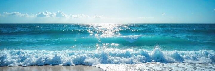 Vast, deep blue ocean waves crashing on a pristine shoreline, sunlight reflecting on the surface  A tranquil yet powerful image of the sea's immensity ,  power,  peace,  tide