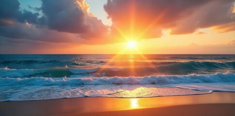 Vast, tranquil seashore panorama at golden hour Serene ocean waves meet the endless horizon under a breathtaking sunset sky Perfect for travel, nature, and coastal themed projects , blue, texture