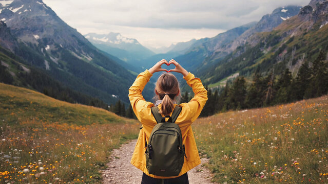 Journey of the Heart: A solo traveler embraces the stunning vistas of majestic mountains and verdant valleys, crafting a heartfelt gesture with her hands