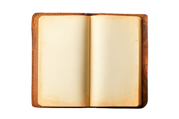 Fototapeta premium Open antique leather journal with blank pages isolated on transparent PNG
