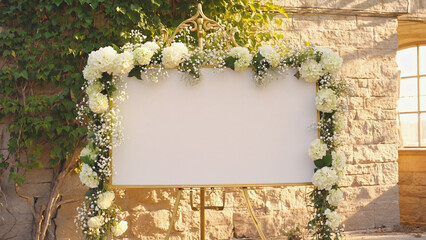 Wedding Sign with Floral Decor: Elegant wedding sign with blank space, surrounded by lush white hydrangeas and greenery, set against a rustic stone wall.
