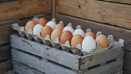 Eggs in Crates: A close-up shot of a carton filled with a variety of fresh, organic eggs, nestled in a rustic wooden crate, evoking a sense of natural abundance and wholesome nourishment.